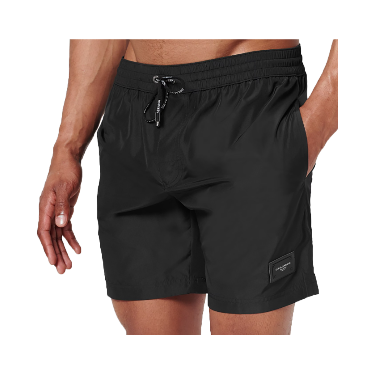 DOLCE AND GABBANA MID-LENGTH SWIM TRUNKS WITH BRANDED PLATE IN BLACK