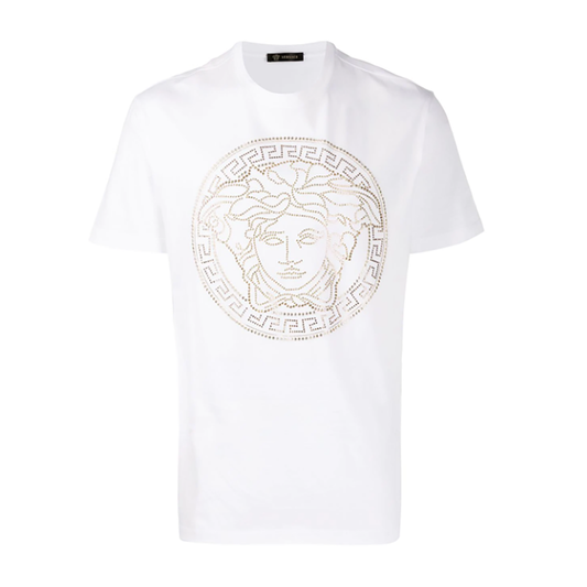 VERSACE MEDUSA MOTIF STUDDED T-SHIRT IN WHITE