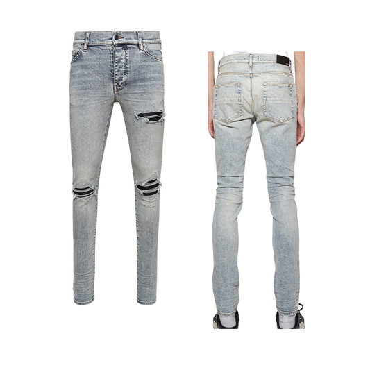 AMIRI MX1 RIPPED SKINNY JEANS IN LIGHT IN LIGHT BLUE