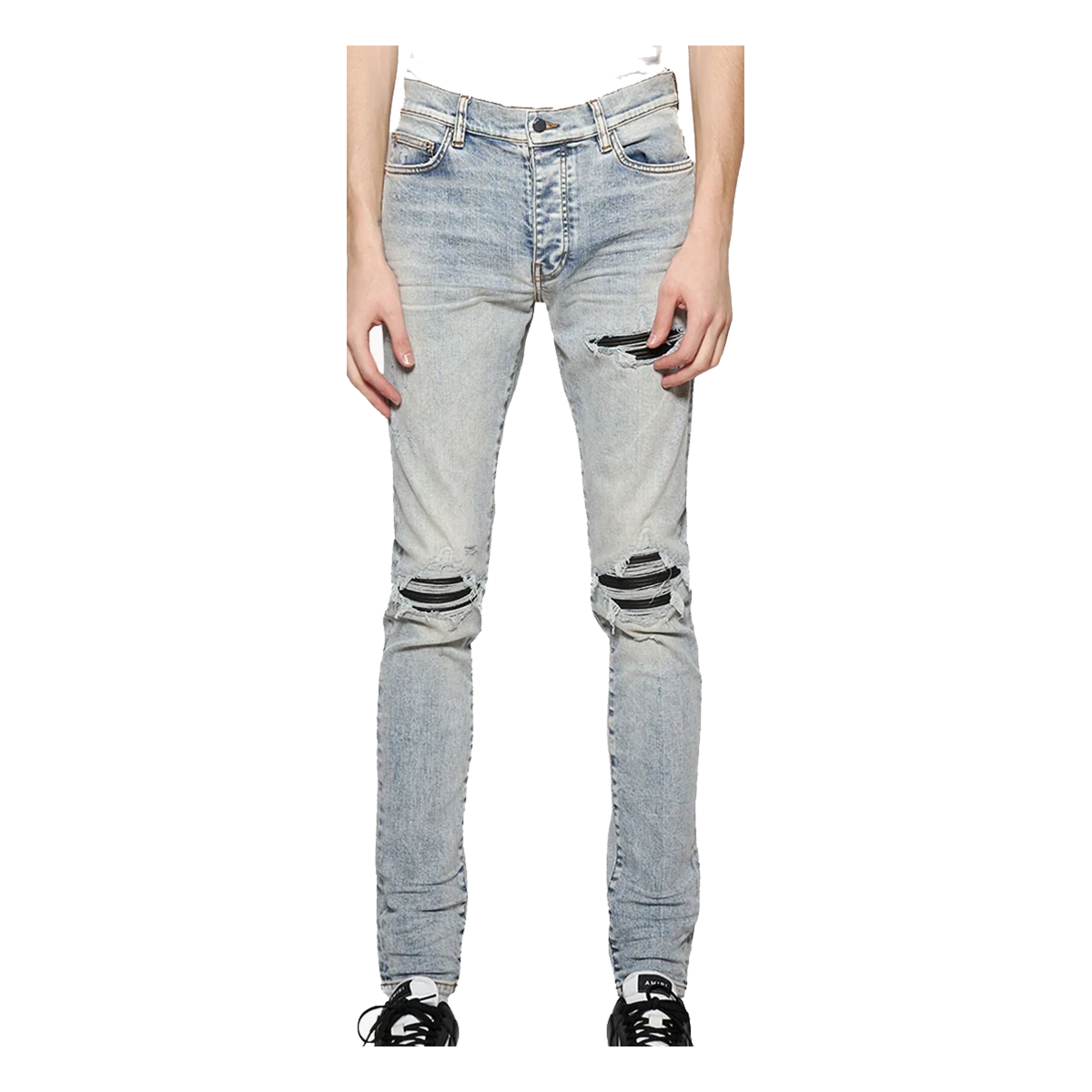 AMIRI MX1 RIPPED SKINNY JEANS IN LIGHT IN LIGHT BLUE